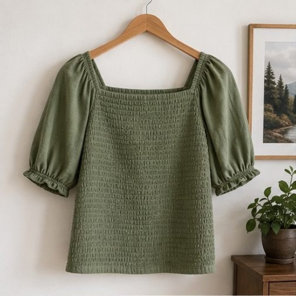 Olive Smocked Puff Sleeve Top